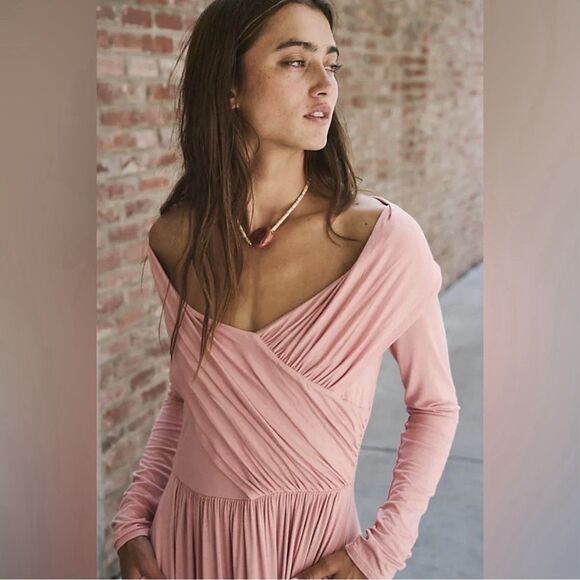 Free People Beach Maxi Dress Women’s Small Ruched Off Shoulder Pink Long Sleeve - Picture 2 of 10